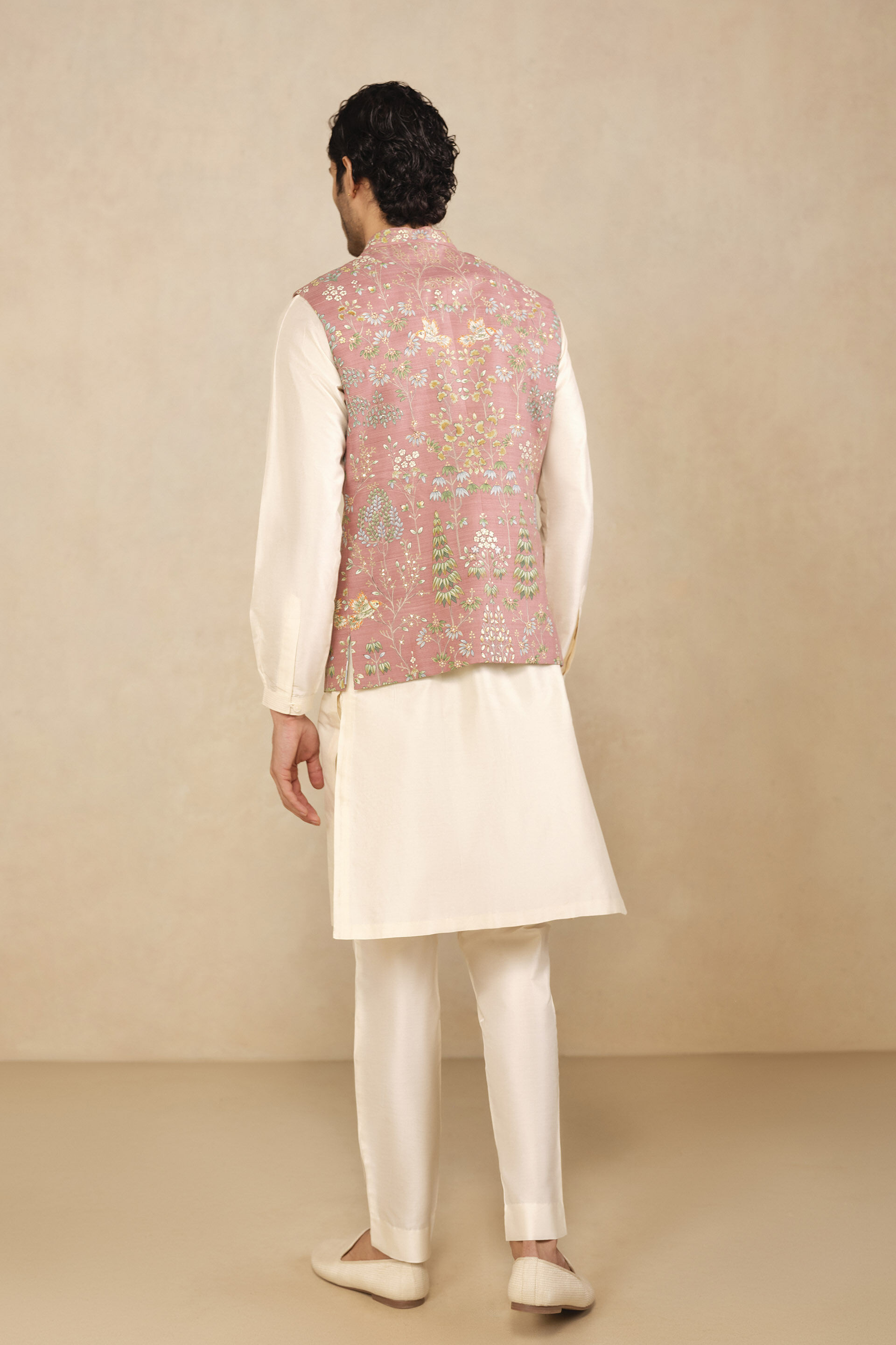 Aziz Hand-painted Pichhwai Silk Nehru Jacket -  Old Rose